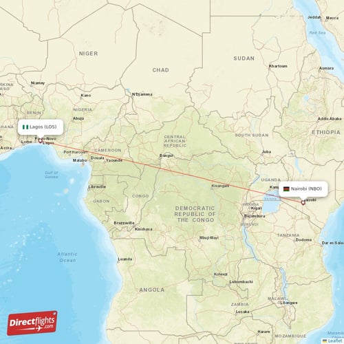Lagos - Nairobi direct flight map