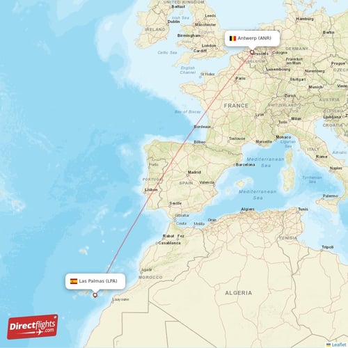 Las Palmas - Antwerp direct flight map