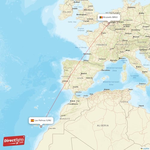 Las Palmas - Brussels direct flight map