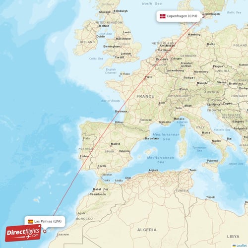 Las Palmas - Copenhagen direct flight map