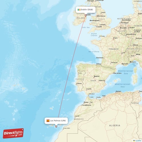 Las Palmas - Dublin direct flight map