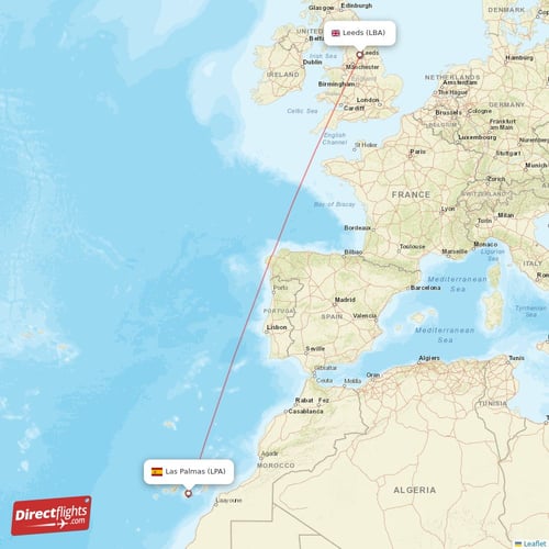 Las Palmas - Leeds direct flight map