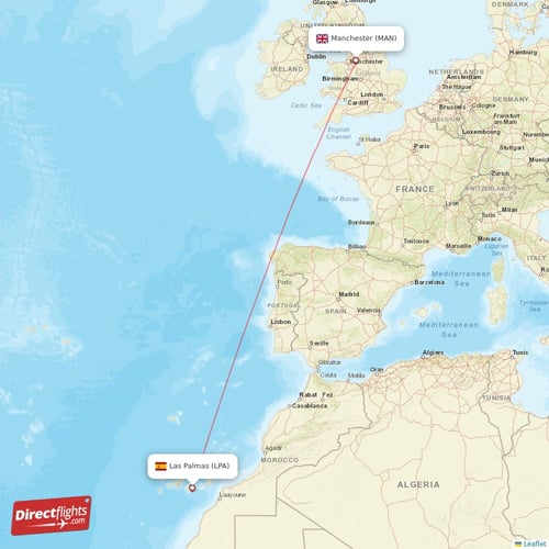 Las Palmas - Manchester direct flight map
