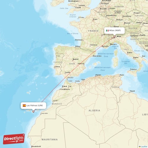 Las Palmas - Milan direct flight map