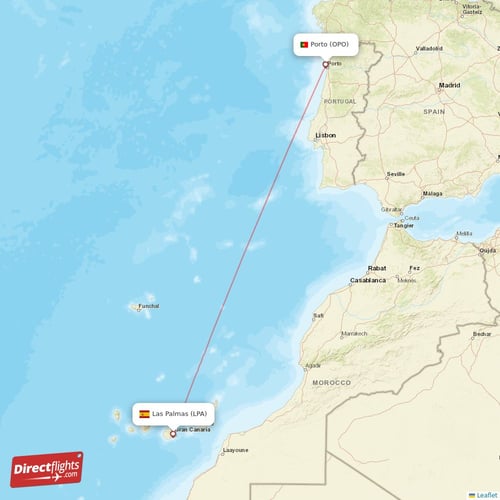 Las Palmas - Porto direct flight map