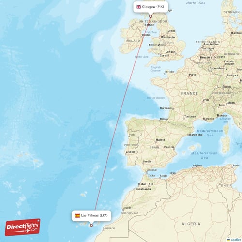 Las Palmas - Glasgow direct flight map