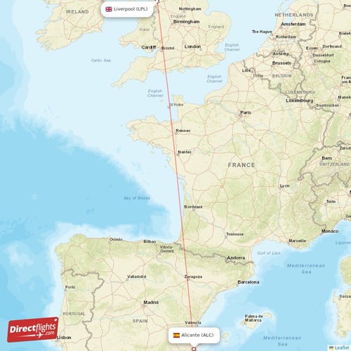 Liverpool - Alicante direct flight map