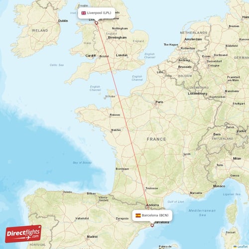 Liverpool - Barcelona direct flight map