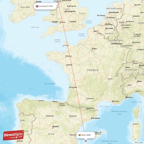 Liverpool - Ibiza direct flight map