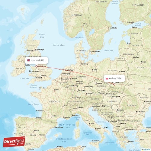 Liverpool - Krakow direct flight map