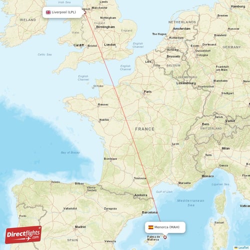 Liverpool - Menorca direct flight map
