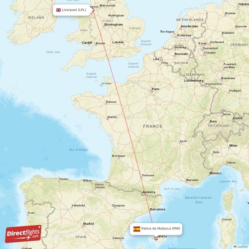 Liverpool - Palma de Mallorca direct flight map