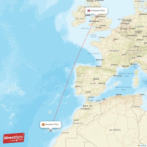 Liverpool - Tenerife direct flight map