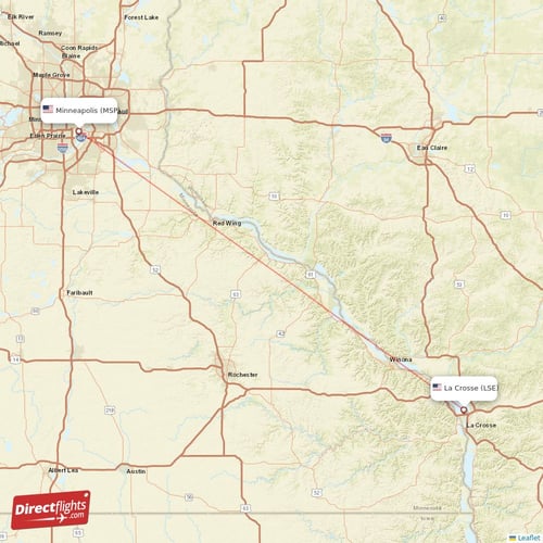 La Crosse - Minneapolis direct flight map