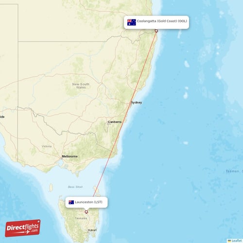 Launceston - Coolangatta (Gold Coast) direct flight map