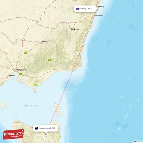 Launceston - Sydney direct flight map