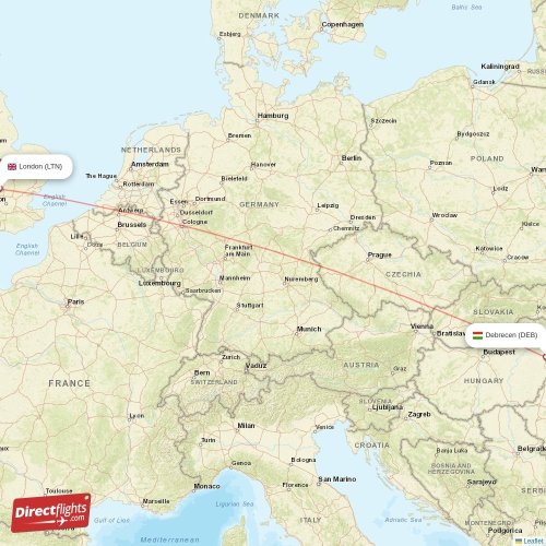 London - Debrecen direct flight map