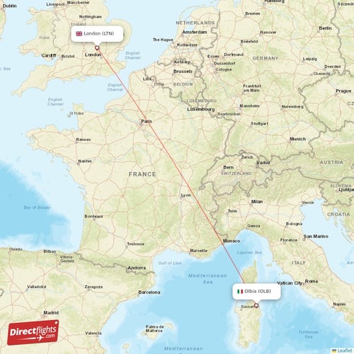 London - Olbia direct flight map