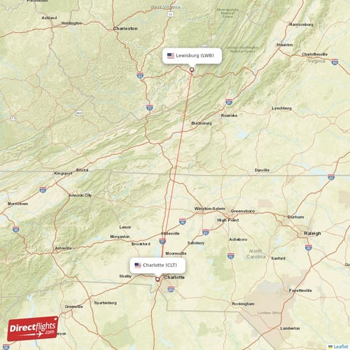 Lewisburg - Charlotte direct flight map
