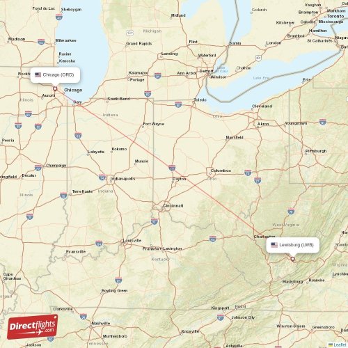 Lewisburg - Chicago direct flight map