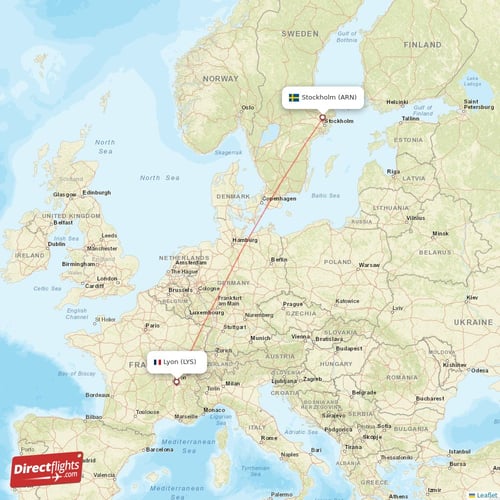 Lyon - Stockholm direct flight map