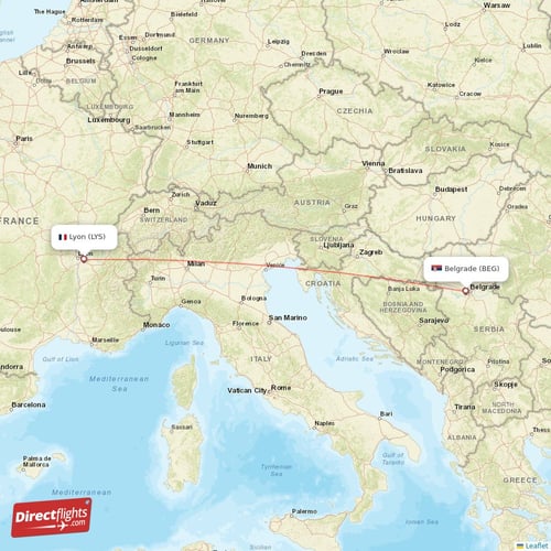Lyon - Belgrade direct flight map