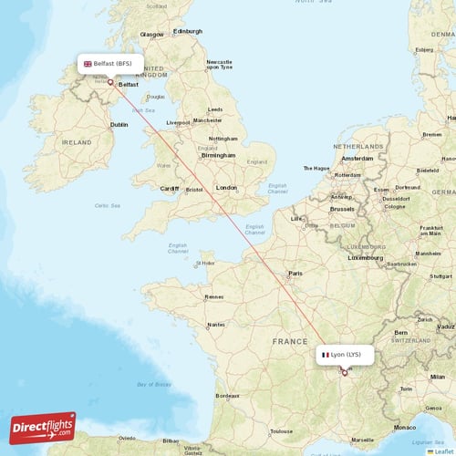 Lyon - Belfast direct flight map