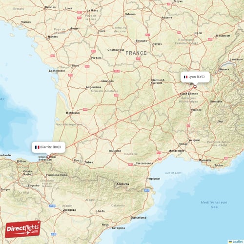 Lyon - Biarritz direct flight map