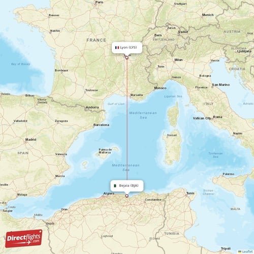 Lyon - Bejaia direct flight map
