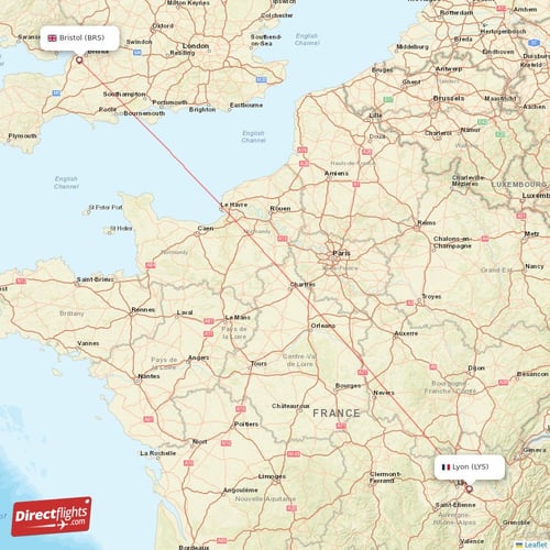 Lyon - Bristol direct flight map