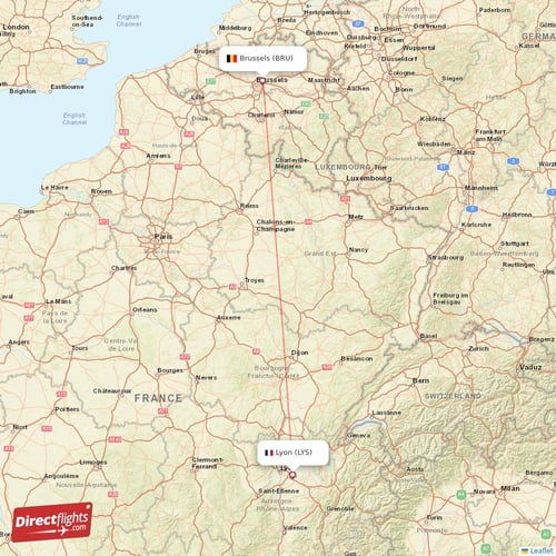Lyon - Brussels direct flight map