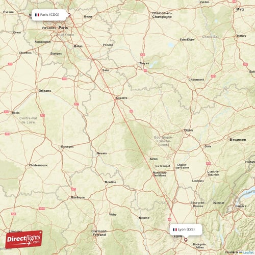 Lyon - Paris direct flight map