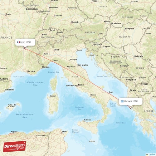 Lyon - Kerkyra direct flight map