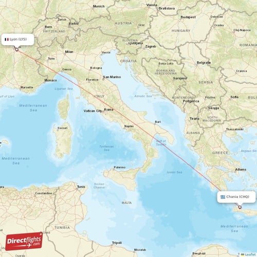 Lyon - Chania direct flight map
