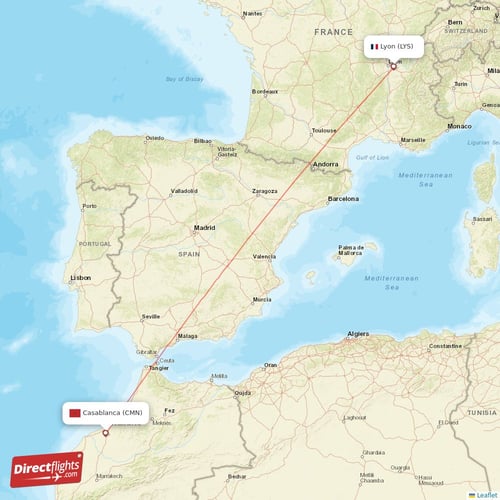 Lyon - Casablanca direct flight map