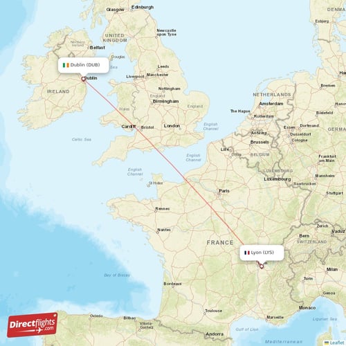 Lyon - Dublin direct flight map