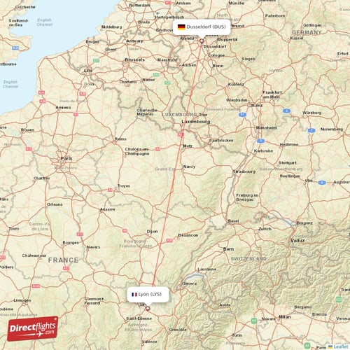 Lyon - Dusseldorf direct flight map