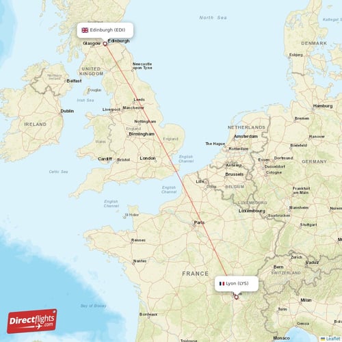 Lyon - Edinburgh direct flight map