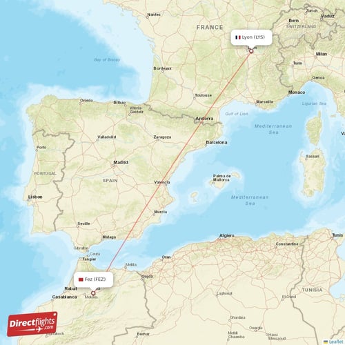 Lyon - Fes direct flight map