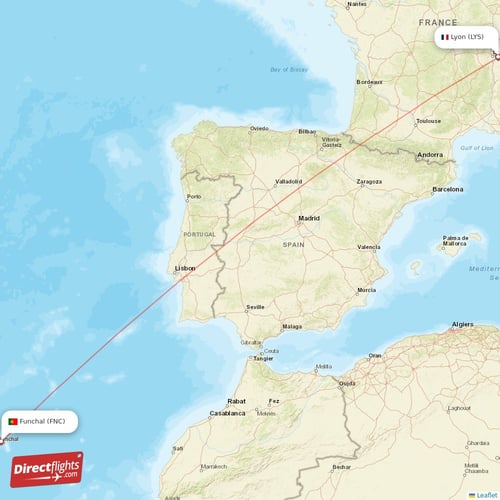 Lyon - Funchal direct flight map