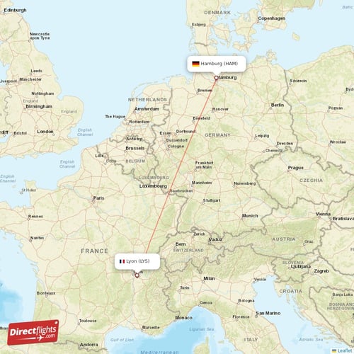 Lyon - Hamburg direct flight map