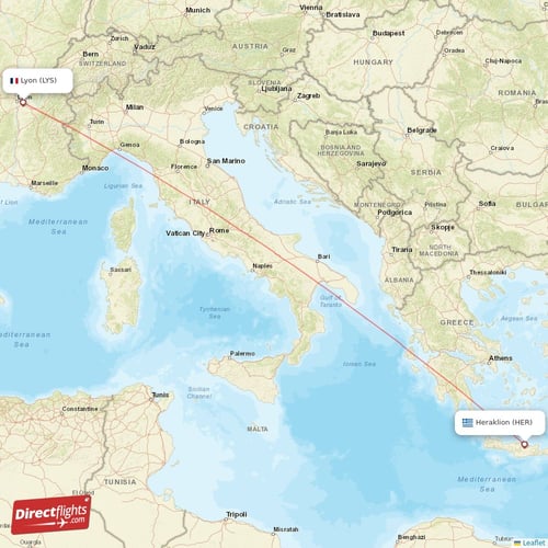 Lyon - Heraklion direct flight map