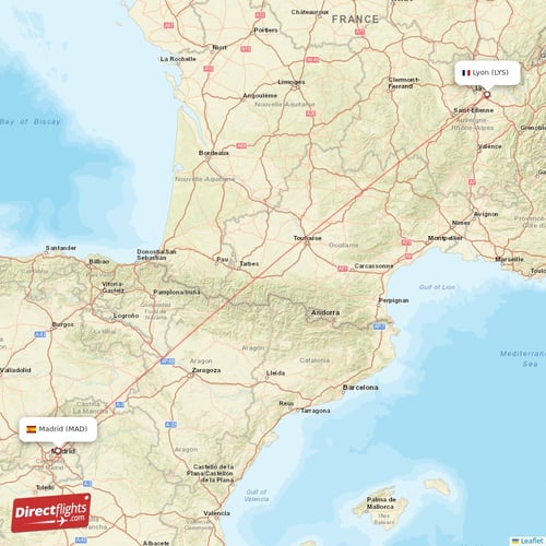 Lyon - Madrid direct flight map