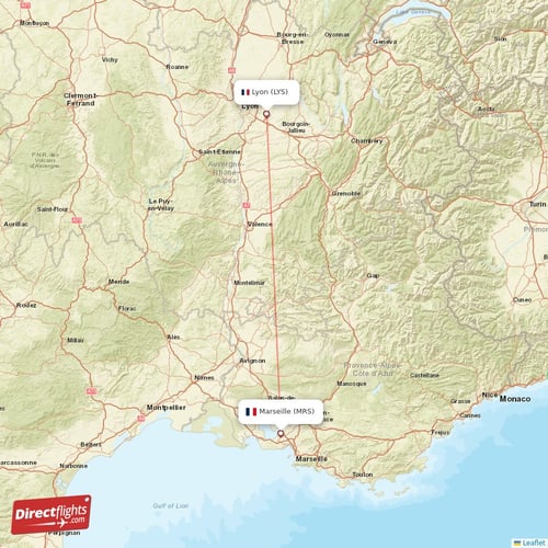 Lyon - Marseille direct flight map