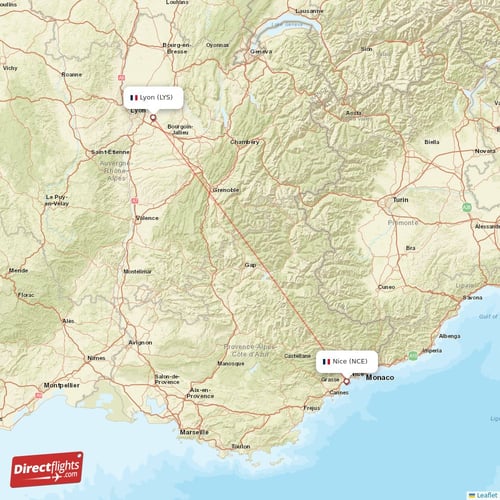 Lyon - Nice direct flight map