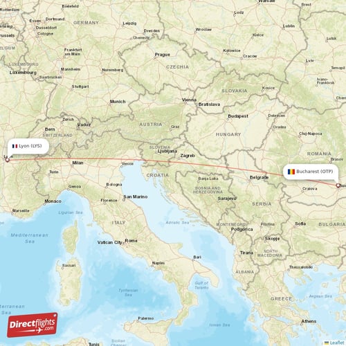 Lyon - Bucharest direct flight map