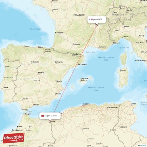 Lyon - Oujda direct flight map
