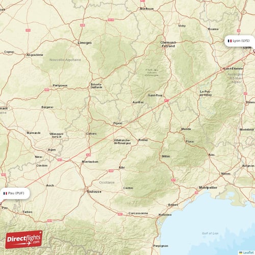 Lyon - Pau direct flight map