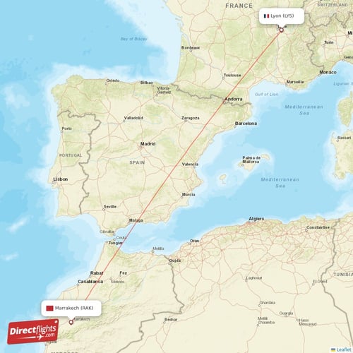 Lyon - Marrakech direct flight map