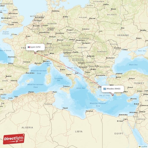 Lyon - Rhodes direct flight map